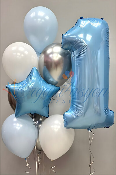 Organizasyon Pazarı Light Blue 1 Year Old Number Balloon Set Blue Star Foil B...