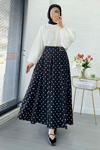 MELEK ARAZ Vintage Polka Dot Patterned High Waist Flare Skirt - Black