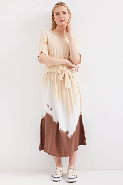 Merterium Women's Patterned Short Sleeve Dress 1386 Cream