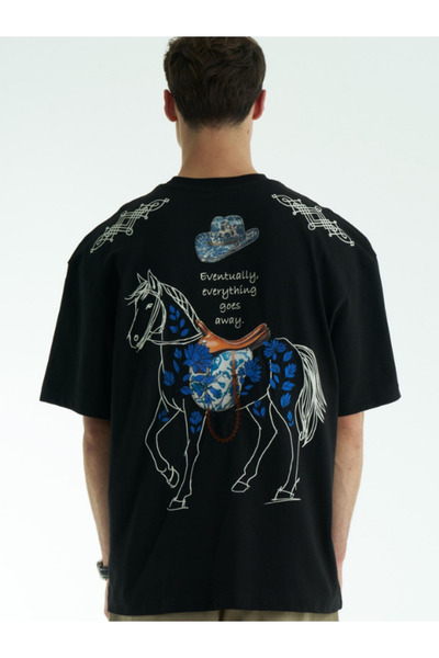 Chirkef Unisex Black Oversize 100% Cotton Back and Front Printed Crew Neck St...