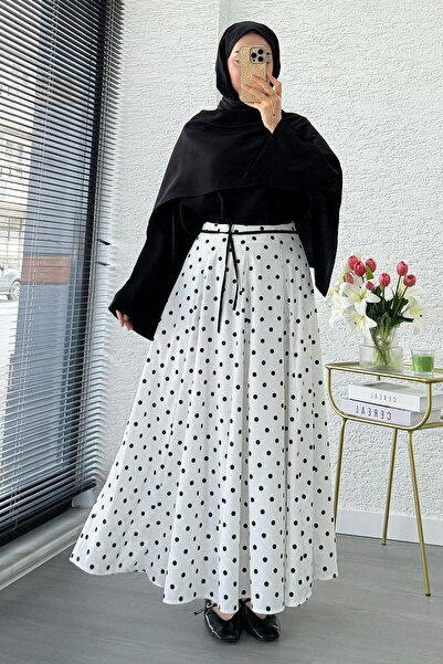 MELEK ARAZ Vintage Polka Dot Patterned High Waist Flare Skirt - White