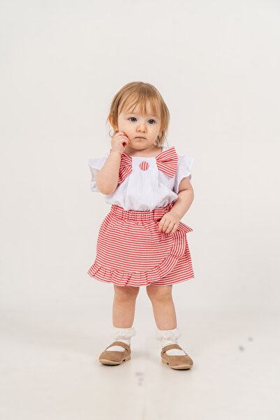 JNF kids Baby Girl Summer Gofre Stretchy Fabric Bow Detailed Skirt Shorts Set