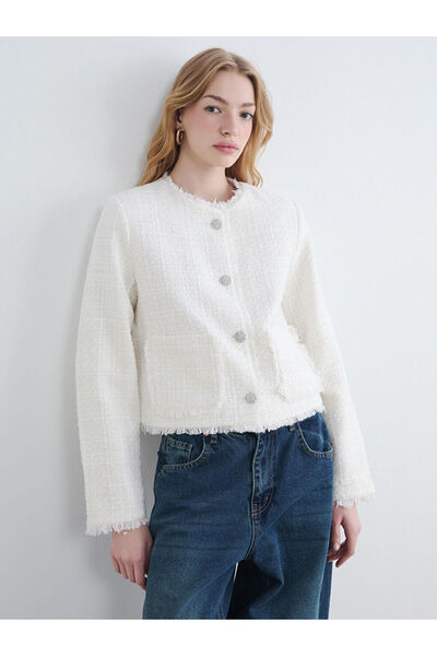 LC Waikiki سترة نسائية من التويد بياقة دائرية من إكرو