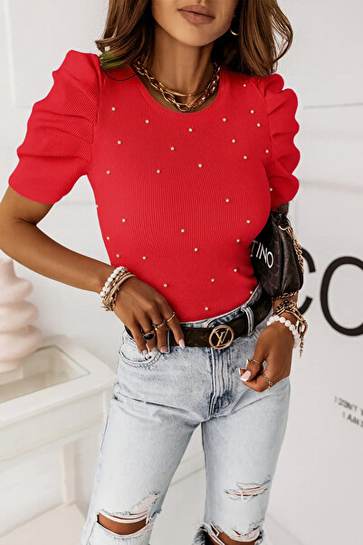 ANATOLIATEKSTILE Elegant Women's Blouse with Pearls and Puff Sleeves – Chic S...