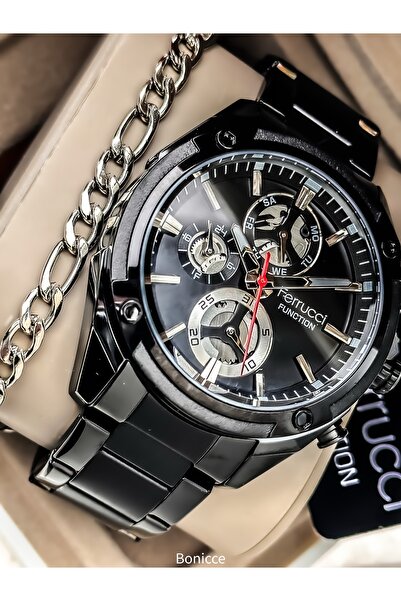 Ferrucci Men's Wristwatch, Black Steel Band, Functional Stylish Box+ Chain Br...