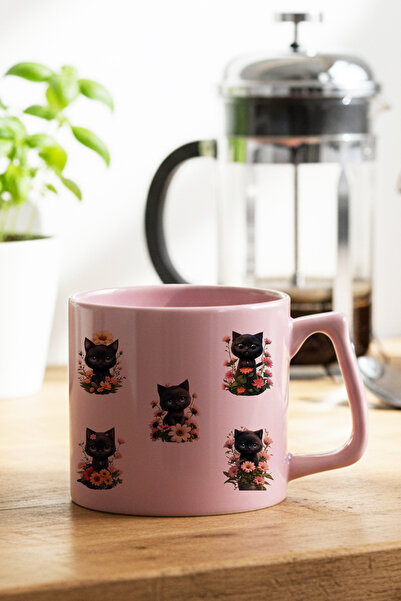 qoeuyl boutique Cute Black Cat and Flowers Printed Gift Pink Colored D Mug Cup