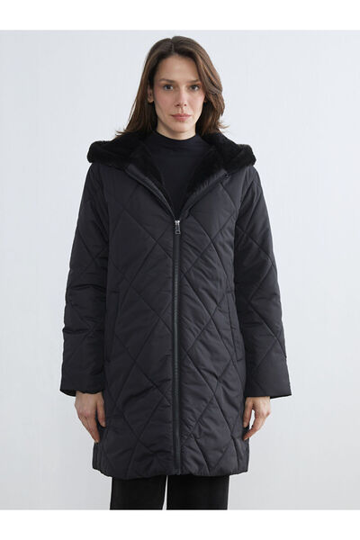 LC Waikiki Black Fur Hooded Quilted Women's Puffer Coat