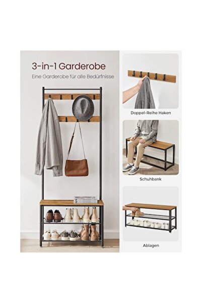 OEM Coat Rack with Bench and Shoe Support Model Glenn, Rustic Brown/Black