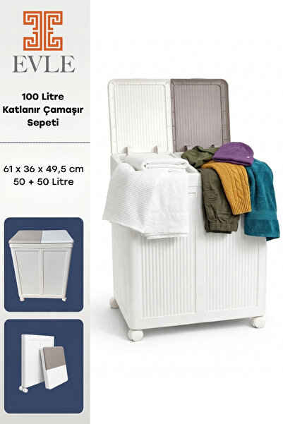 EVLE 2 Bölmeli Tekerlekli 50 + 50 litre Kapaklı Çamaşır Sepeti, Kirli Sepeti