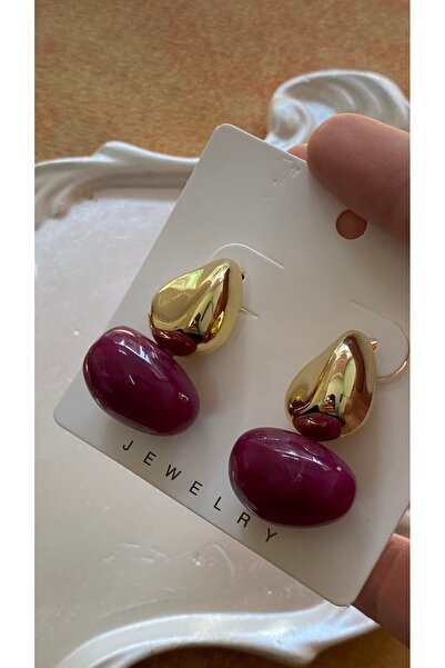 SELUVİA Gold Detailed Red Stone Geometric Women's Earrings – Large Size Vip D...