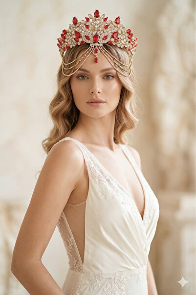 ESPEREST إكسسوار للجبهة على شكل سلسلة وجه العروس العرقية مع تاج كريستالي وتصم...