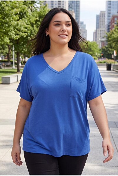 Ebsumu Women's Plus Size V-Neck Pocket Breathable Fabric Loose Blue Blouse