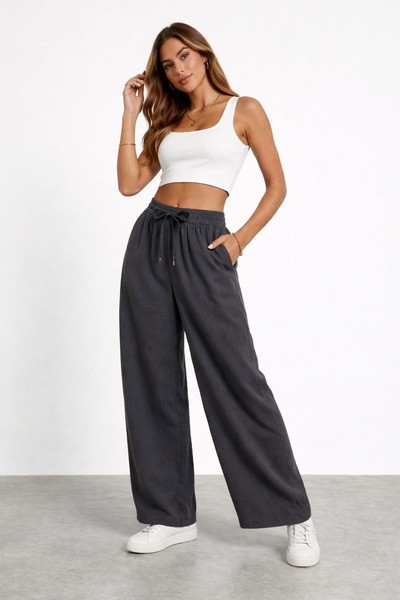 FİFTY ONE Women's Elastic Waist Lace-Up Loose-Leg Comfortable Pants Khaki