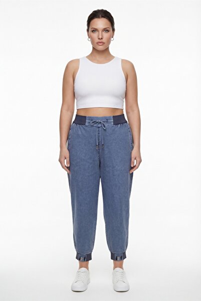 EXİTLİNE Women's Navy Blue Summer Trousers with Elastic Waist and Leg Detail