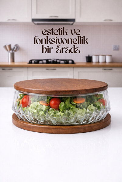Generic Brand Glass Salad Bowl with Beech Wood Lid – 25 cm – Decorative Serving and Storage Container