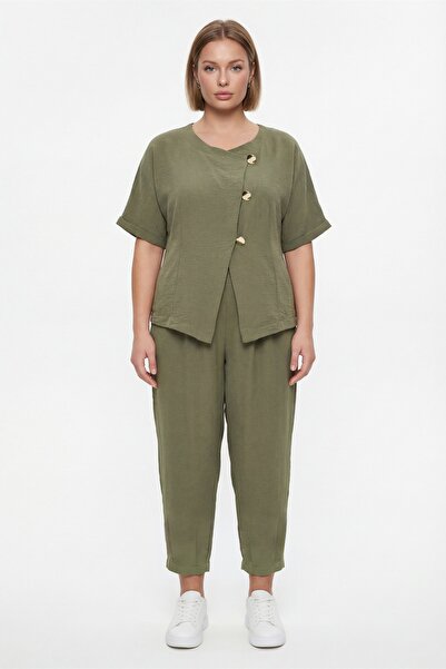 EXİTLİNE Women's Khaki Summer Buttoned Top and Bottom Set