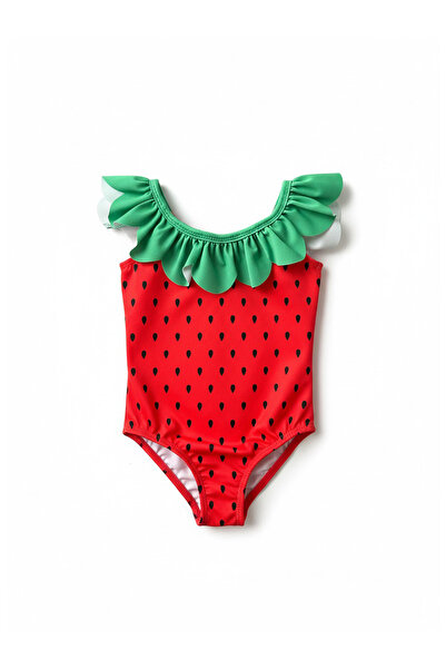 Minipodyum Момичешки бански с волани и десен на ягоди, със санитарни подложки