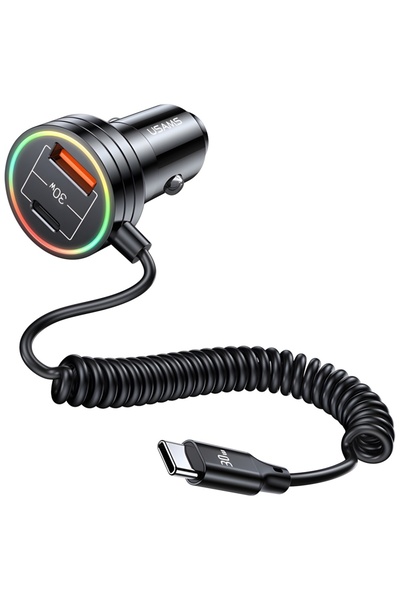 Usams C33 60W Car Charger, 2x USB-C + USB-A, USB-C Cable, Black