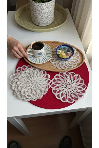 KÜTAHYA HOME 6 قطع من مناديل الكوكتيل المطرزة التي تُقدم فوق التول باللون الب...