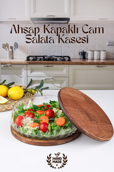 GİNZAMAİSON Kayın Ahşap Kapaklı Cam Salata Kasesi – 25 cm – Dekoratif Servis ...