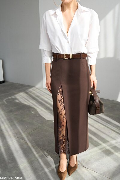 DEMORA Official Kahverengi Yüksek Bel Yırtmaçlı Dantel Detaylı Midi Etek