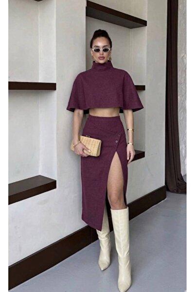 Gülmude Cool Cape Midi Length Buttoned Skirt Set Evening Dress