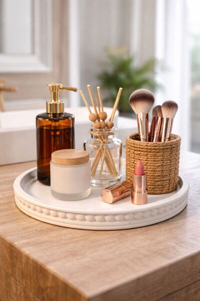 CEREN WOODEN Boyanabilir Seramik Dekoratif Yuvarlak Tepsi – El Yapımı Hobi Bo...