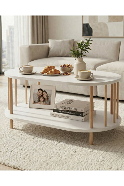 tridihome Beyaz İskandinav Tarzı Doğal Ahşap Ayaklı Alt Raflı Oval Orta Sehpa...