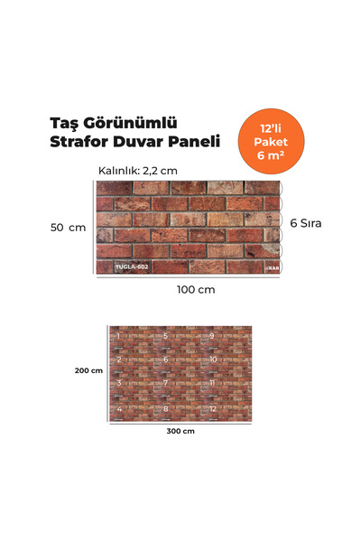 KnB Duvar Panelleri TUGLA-602 TAŞ GÖRÜNÜMLÜ 3D STRAFOR DUVAR PANELİ (12'Lİ PA...