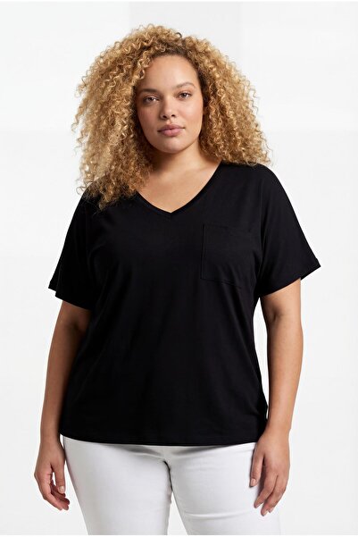 Ebsumu Women's Plus Size V-Neck Pocket Breathable Fabric Loose Black Blouse