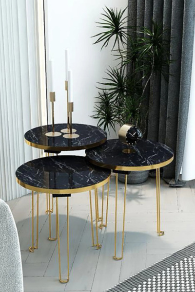 OKAE Turkish Nesting Round Service Table Set of 3 Wood Top in Black Marble De...
