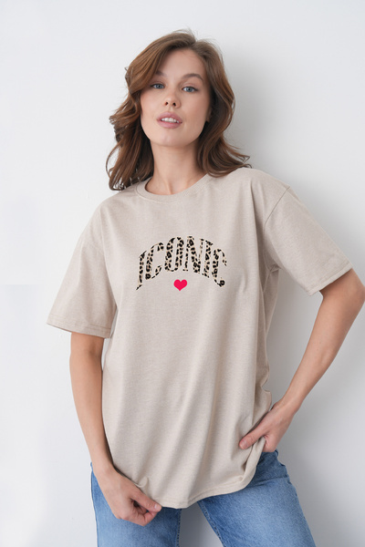 TREND EMMODA Tricou de damă din bumbac, bej, cu imprimeu leopard, cu detaliu ...