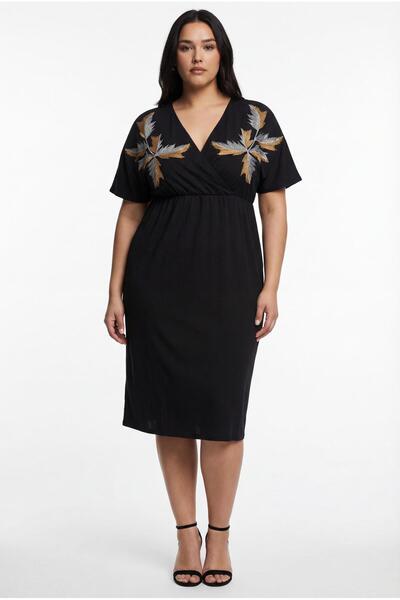 Ebsumu Women's Plus Size V-Neck Embroidered Knitted Viscose Black Dress