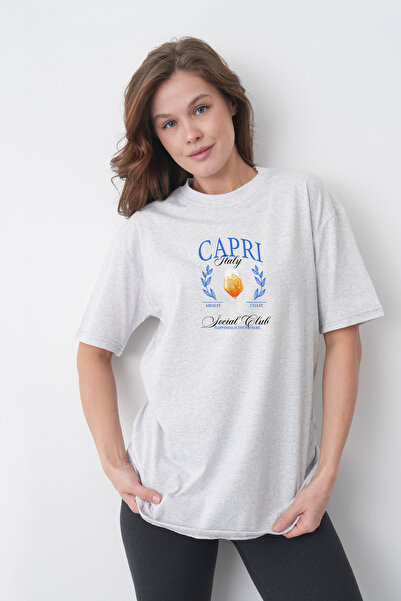 TREND EMMODA Tricou din bumbac gri, cu decolteu rotund, cu imprimeu Social Cl...