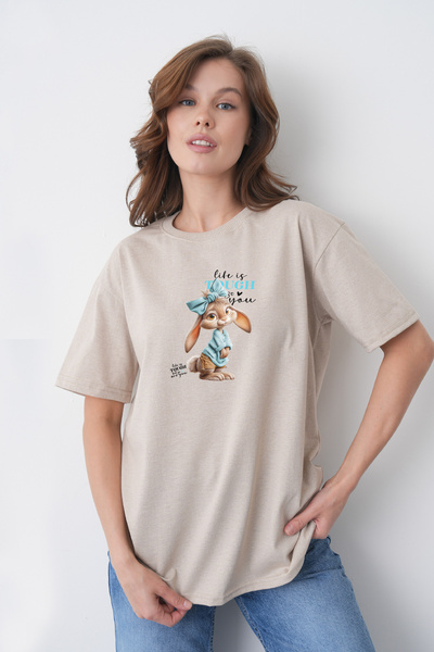 TREND EMMODA Tricou din bumbac de culoare bej, cu imprimeu cu iepure drăguț, ...