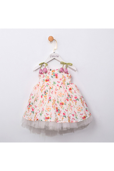 Cumino فستان مبطن بتفاصيل حزام على شكل زهرة التوليب للفتيات