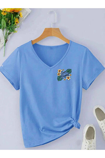 SUNFREE Tricou de bază pentru femei, cu mânecă scurtă, cu decolteu în V și im...