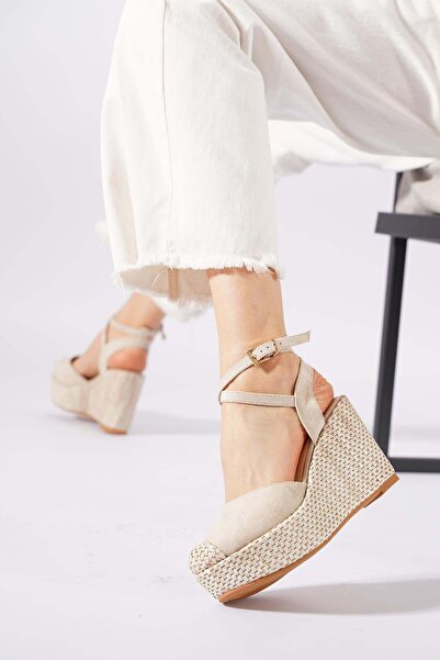 Moda Pie Дамски сандали Gekas на танкетна подметка със сламена подметка, бежо...