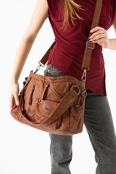 571 Collections Çanta Washed Leather Multi-Compartment Shoulder Bag Tan Model...
