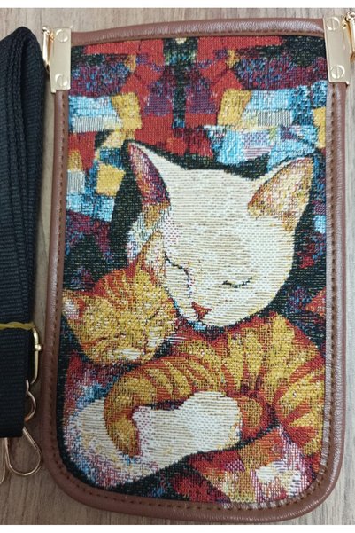 Gerçek Hediyelik Mini Phone Bag - Adjustable Strap, Card Compartment, Cat Pattern