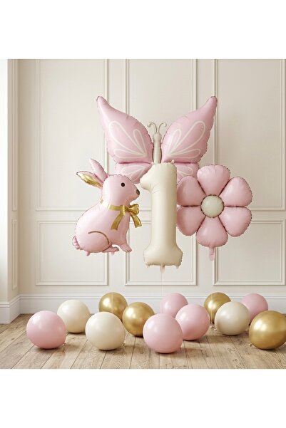 Öztürkpartievi Powder Pink 1 Year Old Butterfly & Rabbit Balloon Set – Gold D...