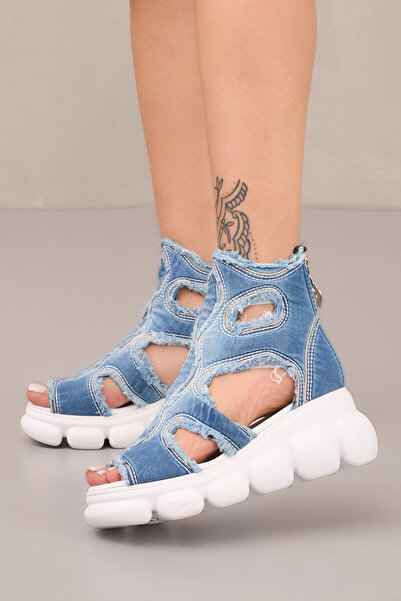 StarBlueMooN Women's Denim Sandals White Leather Insole