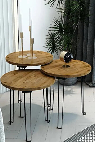 OKAE طقم طاولات خدمة تركي دائرية متداخلة 3 قطع سطح خشب بتصميم رخام أسود وأرجل...