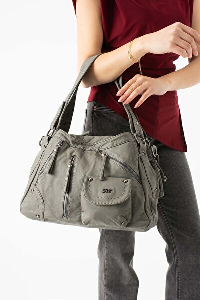 571 Collections Çanta Washed Leather Multi-Compartment Shoulder Bag Gray Mode...