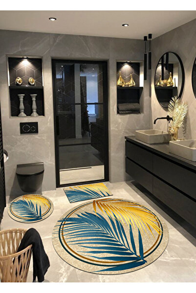 Ardizayn Mustard - Blue, Cotton Woven Base 3-Piece Round Bath Mat (100X100-60...