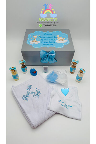 MOOKODI Set "Prima băiță cu nașii" personalizat - "Animăluțe 1" gri cu bleu