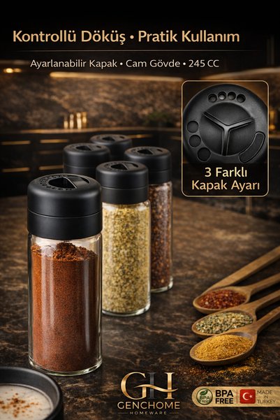 QLUX IDEAS Glass Spice Jar Set of 6, 245 Cc, Adjustable Lids, 3 Hole Settings, Bpa Free, Kitchen Organizer