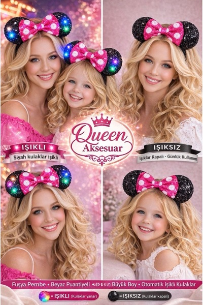 QUEEN AKSESUAR Colorful Led Lighted Minnie Ear Crown with Pink and White Bow ...