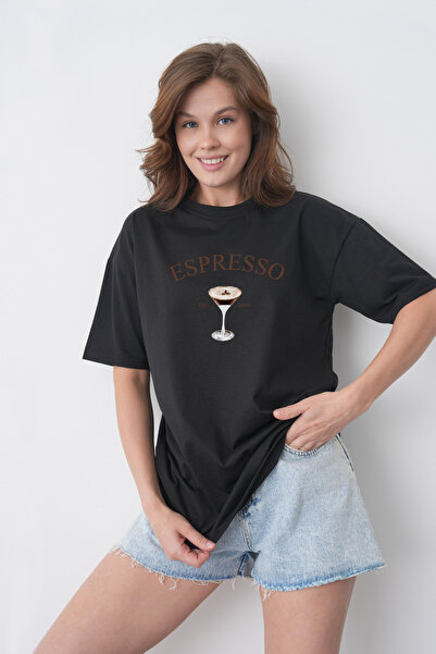 TREND EMMODA Tricou negru din bumbac, cu imprimeu, cu gât rotund, pentru feme...