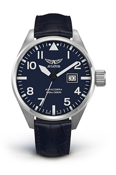 AVIATOR ساعة يد رجالية Airacobra V.1.22.0.149.4 بحزام جلدي باللون الأزرق الدا...